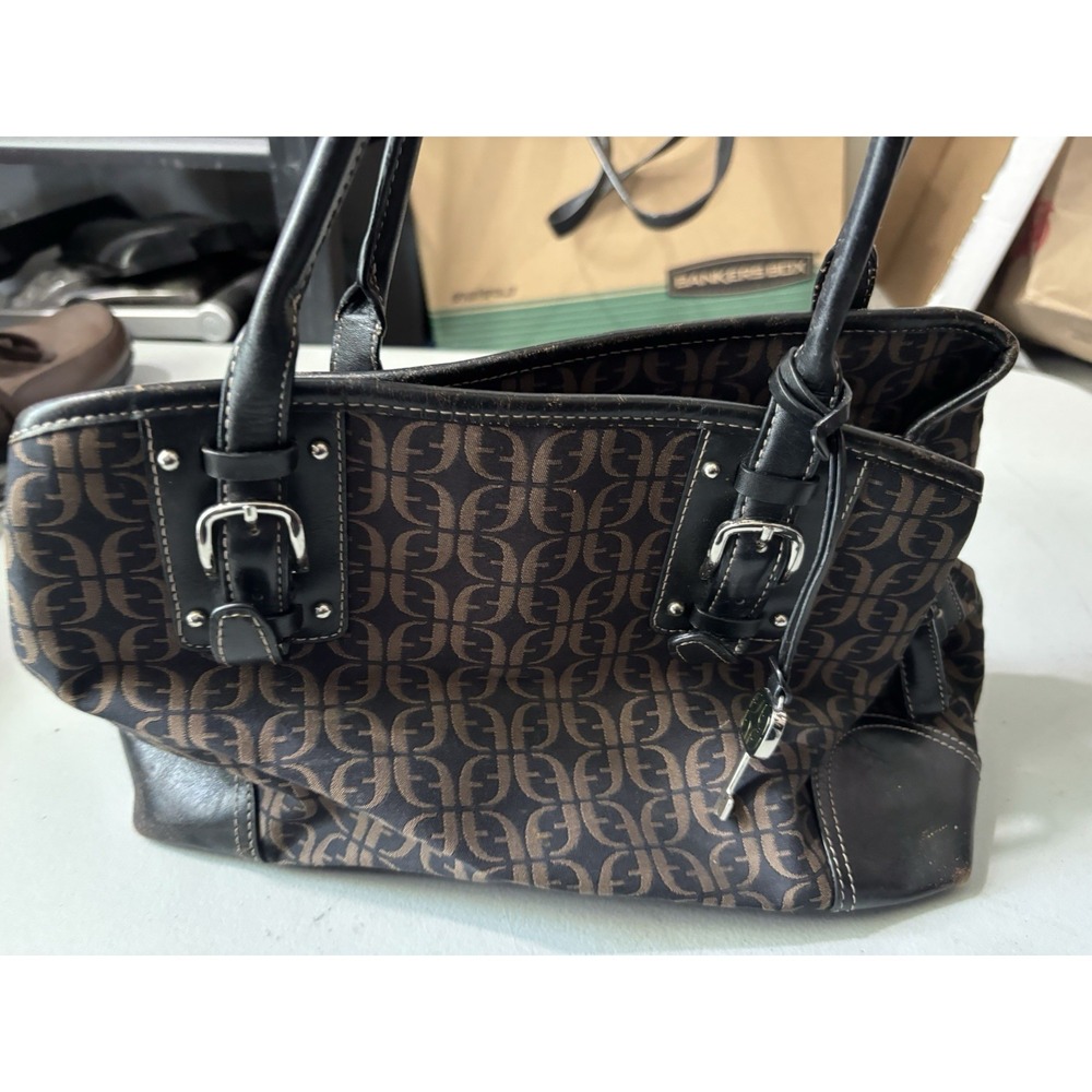FOSSIL Signature Jacquard Black Brown Leather Trim Satchel Purse Handbag VTG